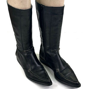 J.K. Acid Black Leather Mid-Calf Cable Stitched Boots Women's 38EU Made in Italy